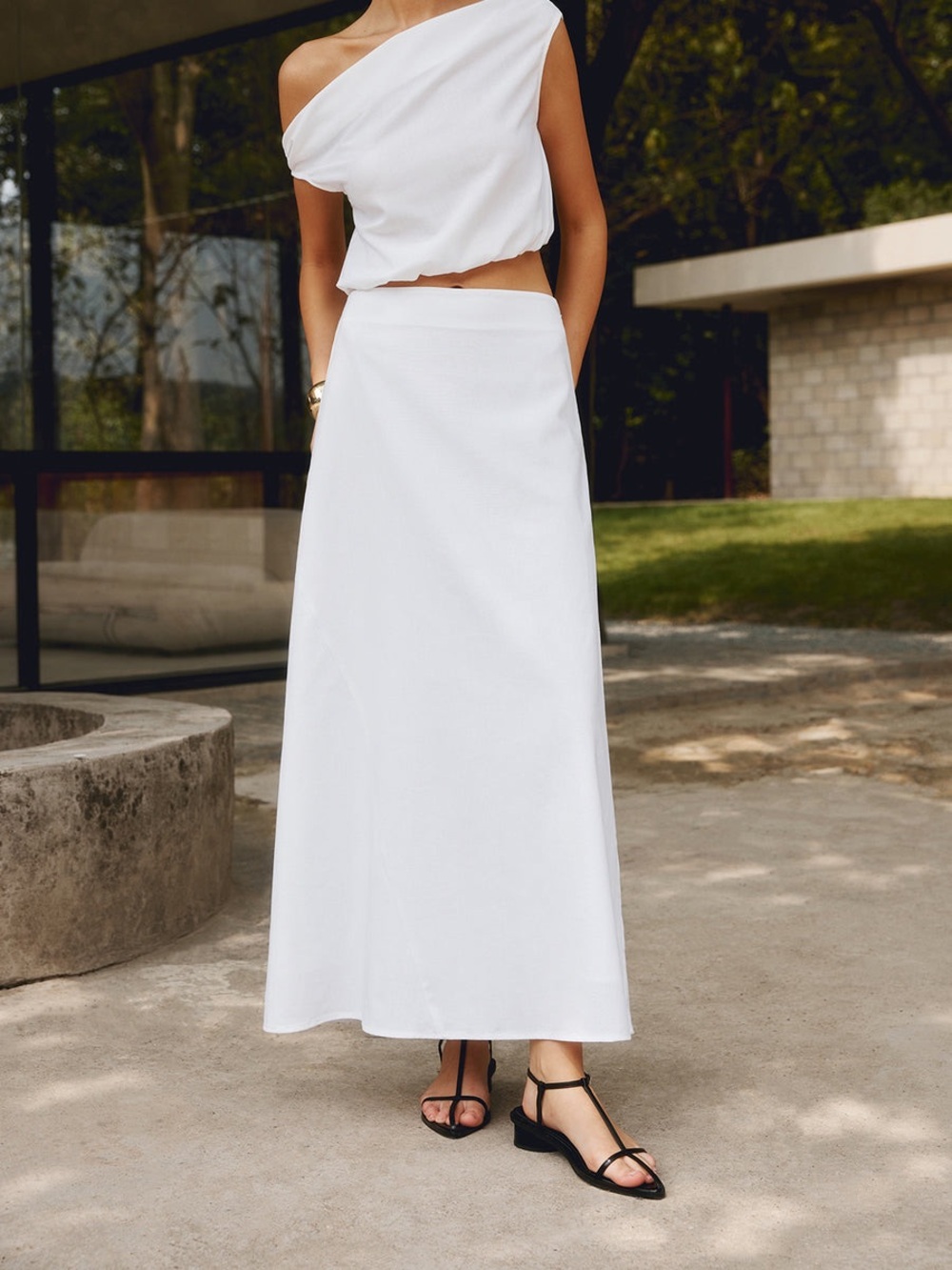 Commense Cotton & Linen Solid Maxi Skirt